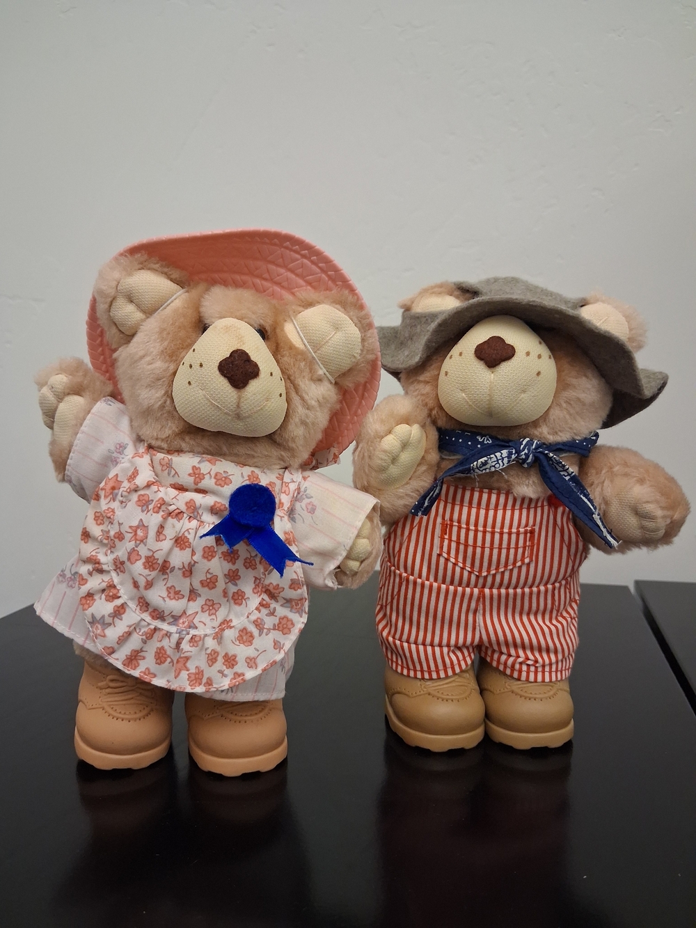 Vintage 1986 Furskins Plush Bear Lot 2 - Pink Floral Dress & Red Stripe Overalls